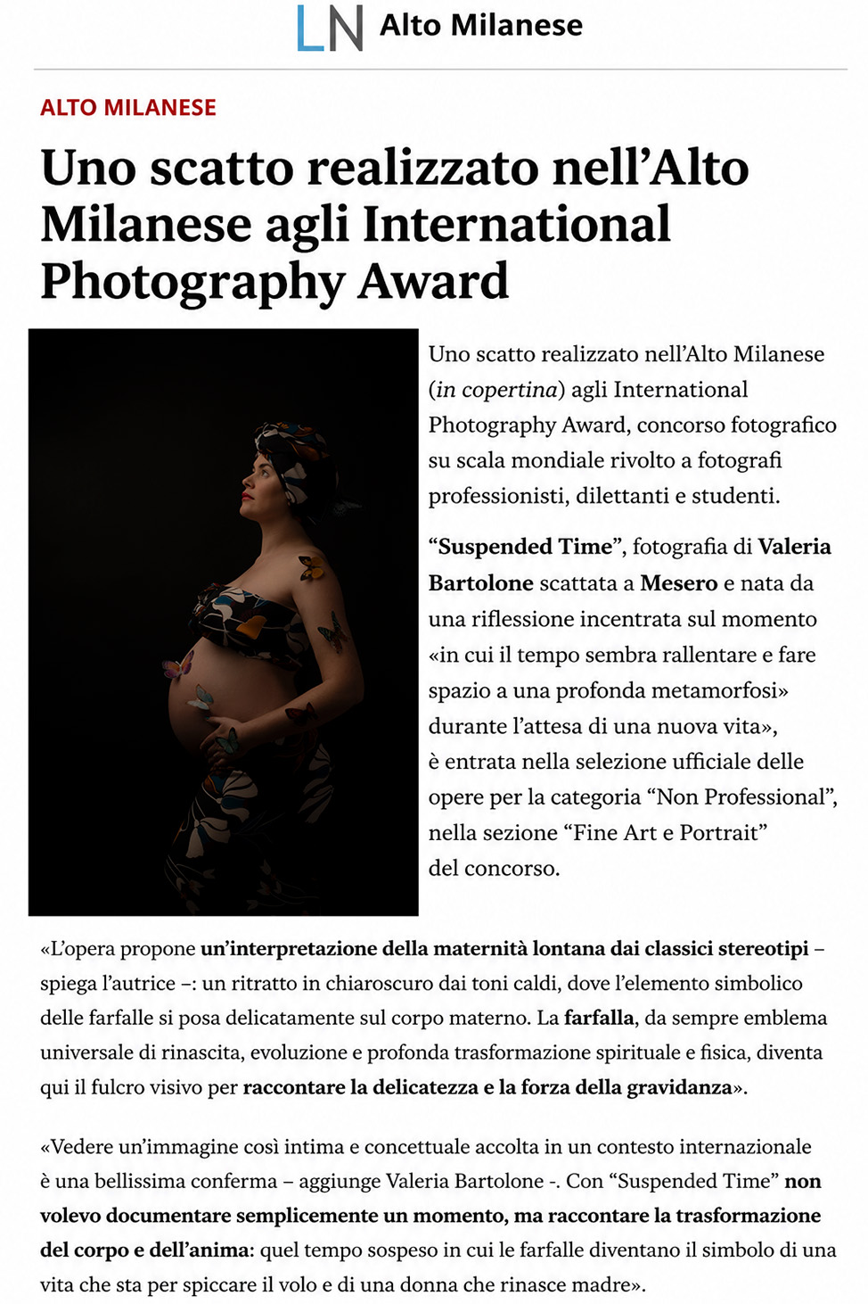 articolo legnanonews Articolo LegnanoNews: scatto di Valeria Bartolone selezionato agli International Photography Awards 2026