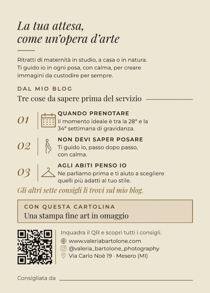 Retro della cartolina di Valeria Bartolone con tre consigli per il servizio di maternità e una stampa fine art in omaggio